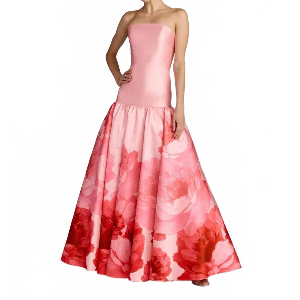 Pink Printed Mikado Strapless Drop Waist Ball Gown Mac Duggal